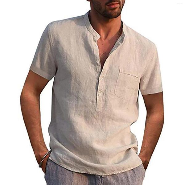 Chemises décontractées pour hommes lin en coton pour hommes d'été à manches solides à manches courtes cols du support en vrac à moitié bouton avec poches de poitrine