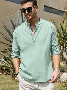 Chemises décontractées pour hommes Coton Lin Henley Chemise à manches longues Hippie Casual Beach T-shirts
