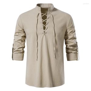 Chemises décontractées pour hommes Coton Lin de coton Henry Shirt Solide à manches longues Cold Up Up Colliers Plaquet Placonet Lace Vintage Blouse de yoga