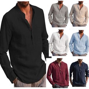 Chemises décontractées pour hommes Coton Lin Hommes Manches longues Été Couleur unie Col montant Style de plage