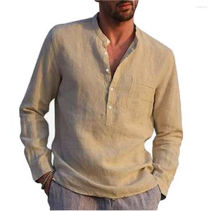 Chemises décontractées pour hommes coton lin hommes à manches longues été couleur unie col montant style de plage grande taille 2023 mode