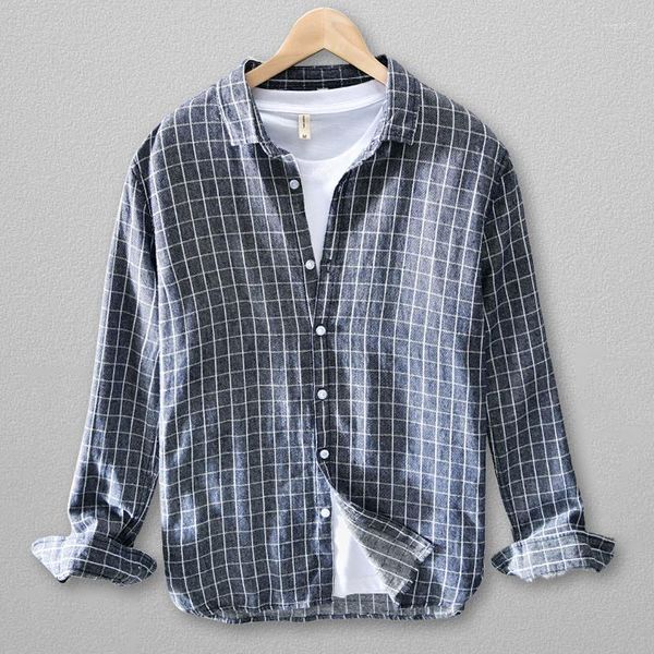 Camisas casuales para hombres Camisa a cuadros de lino de algodón Hombres Mangas largas Moda elegante para ropa ajustada S Camisa Masculina Chemise