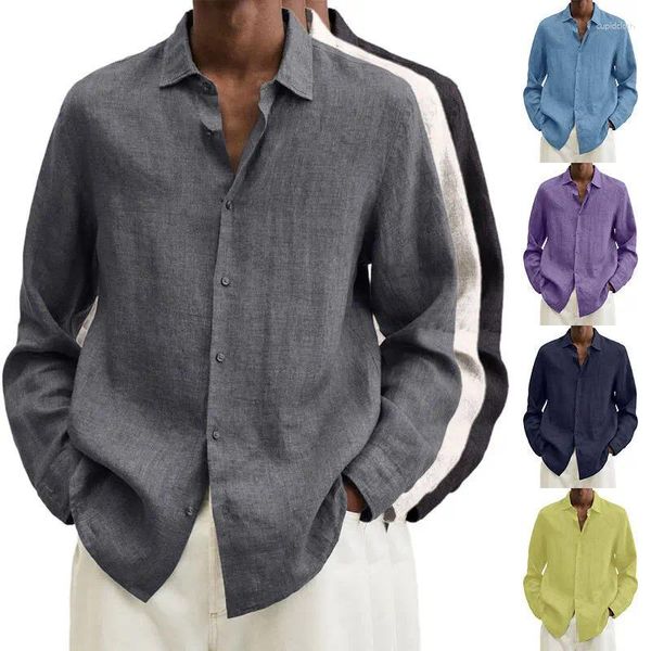 Chemises décontractées pour hommes Chemise en lin de coton Revers Cardigan à manches longues Lâche Base de col rabattu Hommes Blanc Streetwear