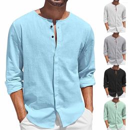 Camisas casuales para hombres Camisa de lino de algodón Manga larga Cuello con botones Playa Vaquero occidental Hombres Manga floral al aire libre