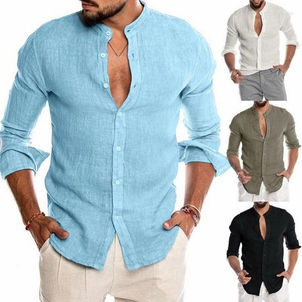 Camisa de lino y algodón para hombre, cárdigan de manga larga de Color sólido, manga larga para hombre, camisas informales holgadas sin cuello con botones para hombre