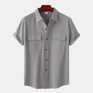 Casual shirts voor heren katoen linnen vast witte shirts voor mannen zomer dubbele zak korte mouw casual shirt heren heren vakantie ademende camisas 230418