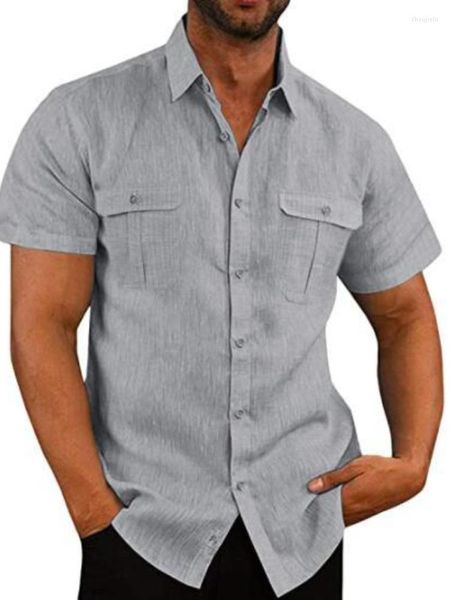 Chemises décontractées pour hommes Coton Lin Top Hommes Blanc Gris Bleu Noir À Manches Courtes Hommes Vêtements Affaires Été Revers Bouton Chemise Intelligente