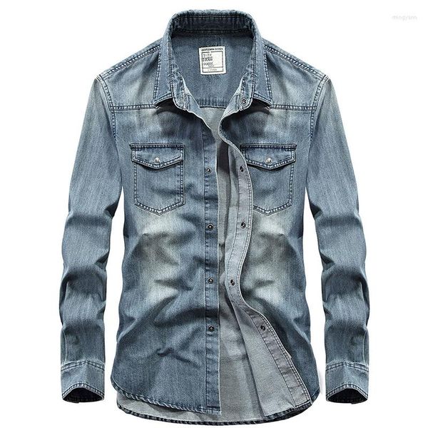 Hommes chemises décontractées coton hommes Denim Double poche couleur unie mâle Cowboy automne mince qualité pour vêtements hauts