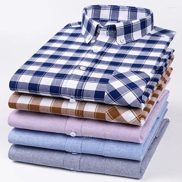 Camisas informales para hombre Vestido Oxford con botones y bolsillo de manga larga de corte regular de algodón Blusas y lisos lisos a cuadros