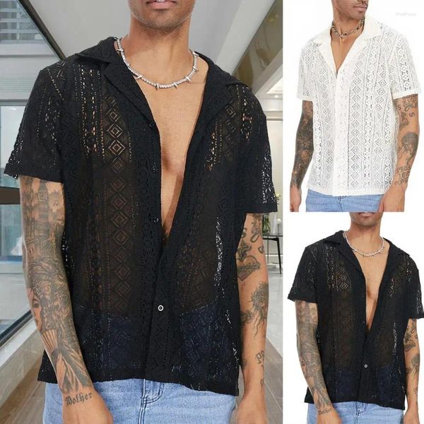 Chemises décontractées pour hommes coton transparent ouvert hommes velu à maille sexy en dentelle à manches courtes transparent