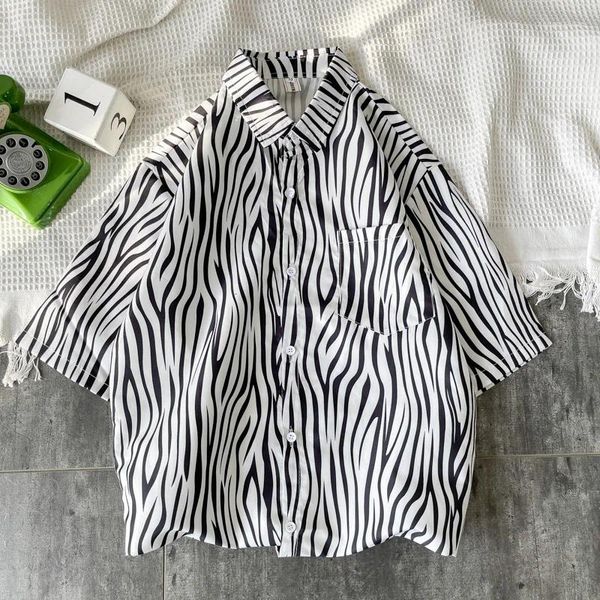 Chemises décontractées pour hommes, chemise à rayures en coton épissé, manches courtes, Hip Hop, vêtements d'extérieur amples, noir et blanc, vêtements masculins B07