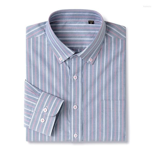 Camisas casuales para hombres Camisa de manga larga Oxford a rayas de algodón para hombres Cuello de botón Cuidado fácil Calidad Ropa masculina de negocios Oficina de trabajo