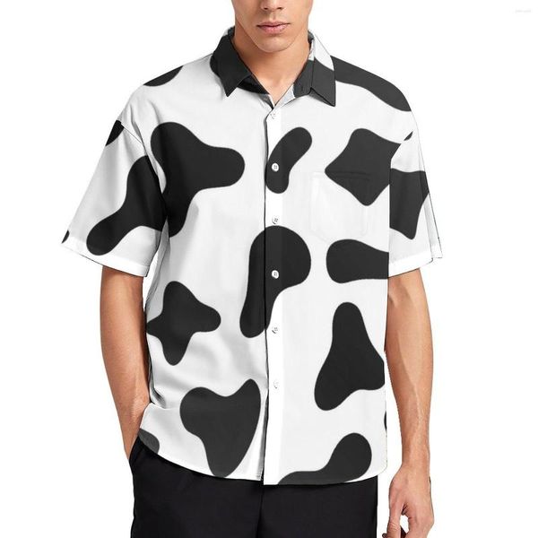 Camisas informales para hombre, blusas con textura de piel con estampado de vaca, blusas para hombre con lunares blancos y negros, manga corta hawaiana, camisa de playa de gran tamaño Vintage, regalo