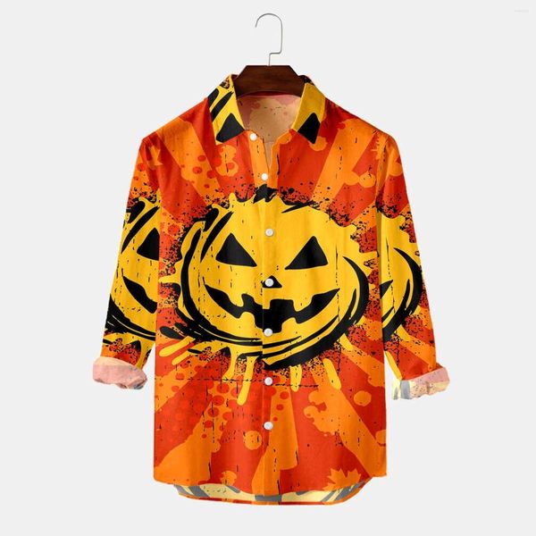 Camisas casuales para hombres Traje de vaquero Hombres Fiesta masculina Camisa con estampado de calabaza de Halloween Manga larga Cuello vuelto