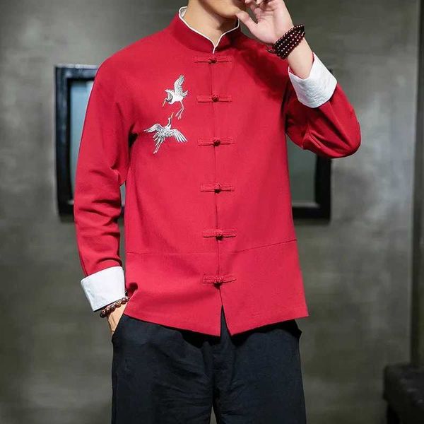 Camisas casuales para hombres grúas camisas de bordado tradicional ropa vintage vintage masculina media manga lino sólido madarin cuello hanfu kungfu cardiganl2402