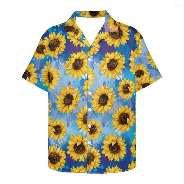 Camisas informales para hombre Cumagical 2023, camisa hawaiana Funky con estampado único a la moda, blusa de manga corta con estampado de girasol para hombre para el verano