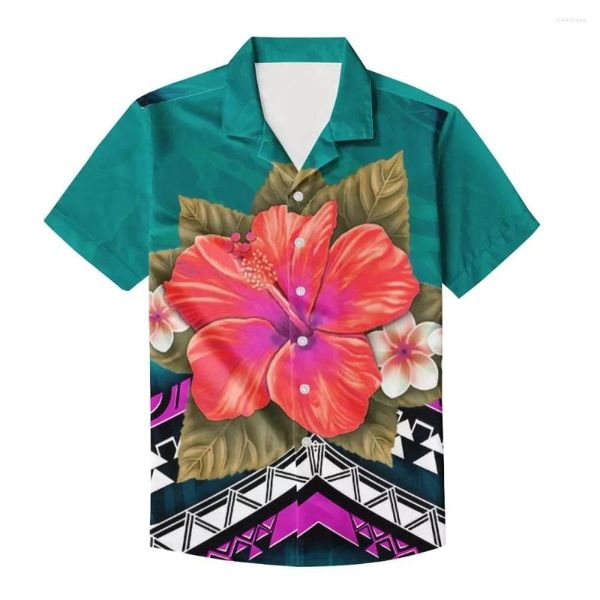 Camisas informales para hombre Cumagical, camiseta verde Floral roja, venta al por mayor, verano, manga corta, logotipo personalizado hawaiano, hombres elegantes