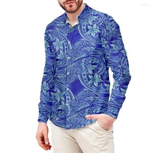 Casual shirts voor heren aangepaste Polynesische tribale kleding blauwe bloem bedrukte mode streetwear button shirt drop mannen lange mouw