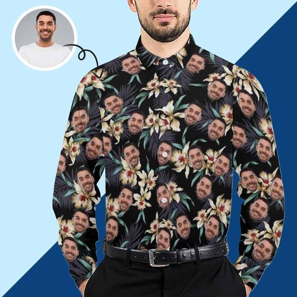 Chemises décontractées pour hommes Personnalisé Personnalité Visage Fleur Motif Hommes Manches Longues Imprimé Sur Tout Le Haut Homme Survêtement Automne Anniversaire Anniversaire
