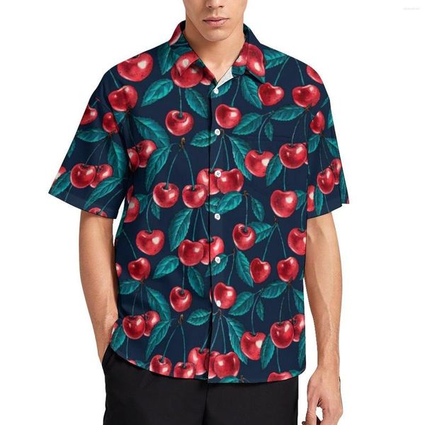 Chemises décontractées pour hommes Chemise de plage cerise mignonne Homme Imprimé fruits rouges Blouses imprimées hawaïennes Manches courtes Y2K Vêtements surdimensionnés Idée cadeau