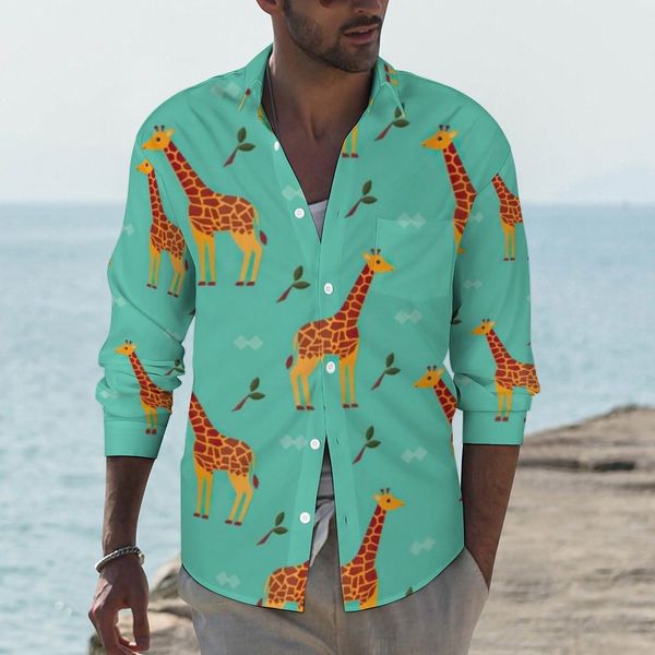 Chemises décontractées pour hommes mignon girafe chemise Afrique Animal imprimé à manches longues motif Streetwear Blouses automne rétro surdimensionné vêtements 230804