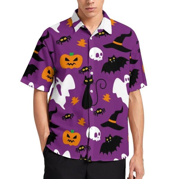 Chemises décontractées pour hommes mignon Halloween chemise plage fantôme et crâne imprimé hawaïen graphique Blouses à manches courtes mode surdimensionné TopMen's