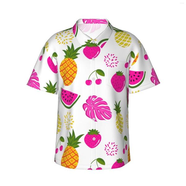 Camisas casuales para hombres lindos patrón de frutas tropicales para hombre para hombres hawaianos botones de manga corta en la playa floral