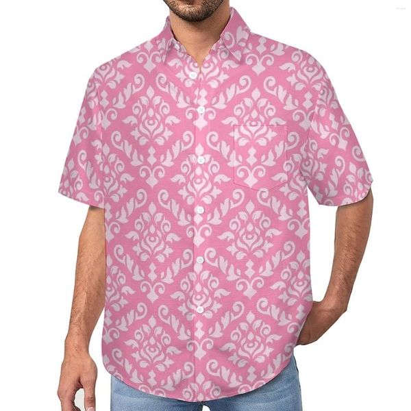 Chemises décontractées pour hommes Damask baroque imprimé plage chemise rose et blanc été hommes street style blouses manches courtes vêtements graphiques