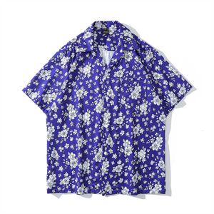 Chemises décontractées pour hommes Chemises hawaïennes imprimées à fleurs foncées Hommes Femmes Summer Street Retro Shirt Vêtements unisexe Bleu Rouge Z0224