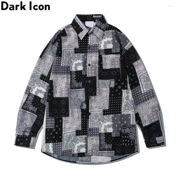 Camisas casuales para hombres Dark I con Grey Bandana Shirt Hombres Manga larga Cuello vuelto Material fino Paisley