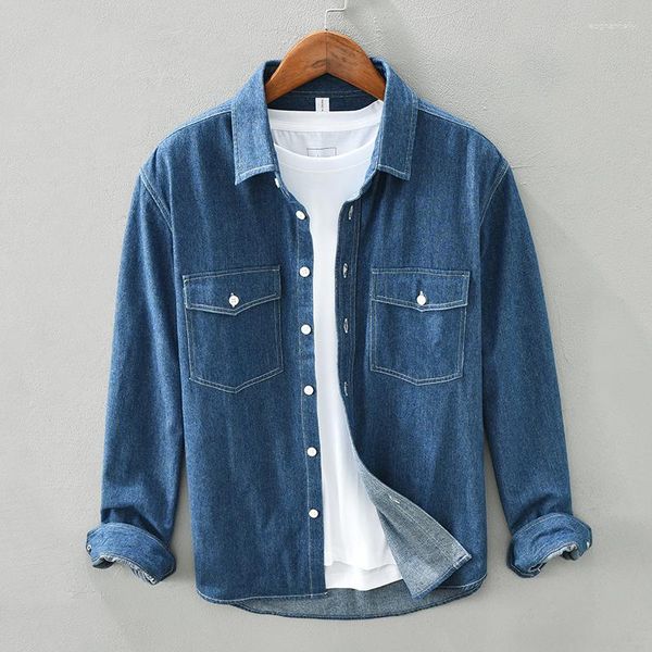 Chemises décontractées pour hommes Denim boutonné pour hommes pur coton confortable à manches longues hauts mâle bleu Vintage grande taille vêtements