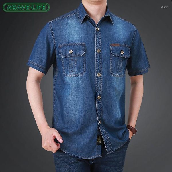 Chemises décontractées pour hommes denim hommes de haute qualité en coton de haute qualité, manches courtes, chemise causale mince collier de redressement