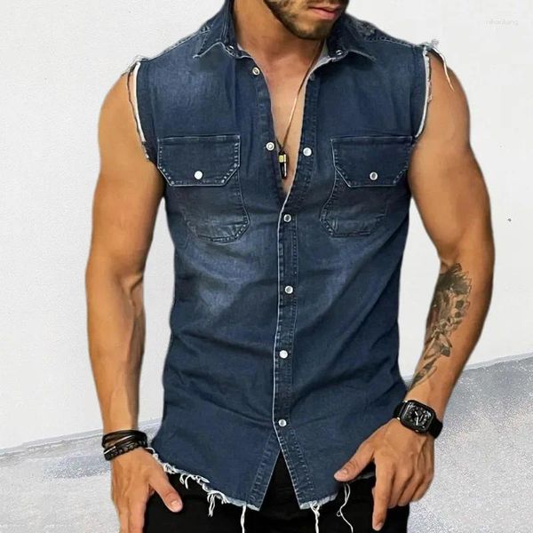 Chemises décontractées pour hommes Chemise en jean Gilet Muscle Mens Polo Col T-shirt sans manches Cardigan Top 2023 Été pour hommes Slim Fit Jeans Tank Blouses