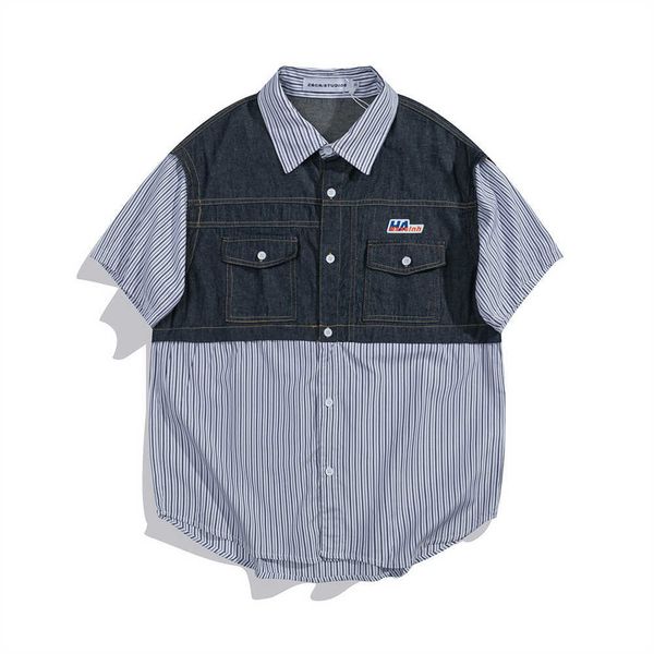 Chemises décontractées pour hommes Denim rayé Patchwork chemises pour hommes pour l'été boutonné Style Preppy chemises haut masculin Z0224