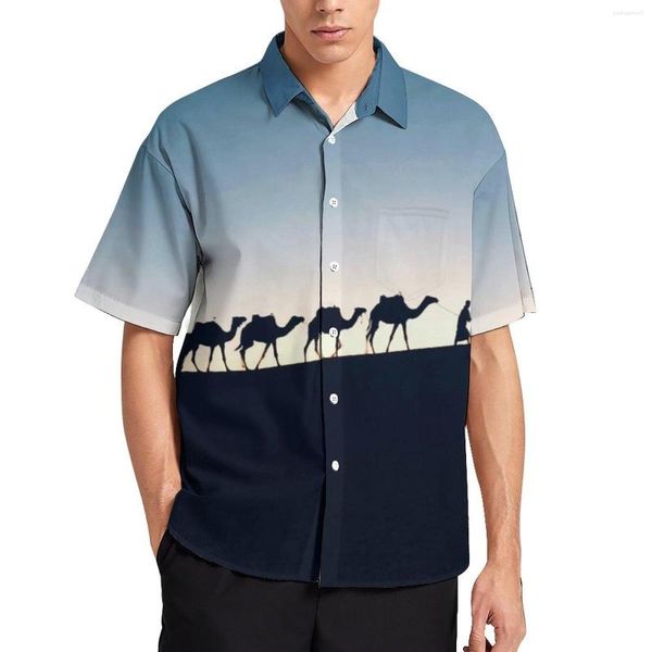 Chemises décontractées pour hommes Desert Sunset Blouses Hommes Chameaux Imprimer Hawaii Manches Courtes Mode Personnalisée Oversize Beach Shirt Idée Cadeau