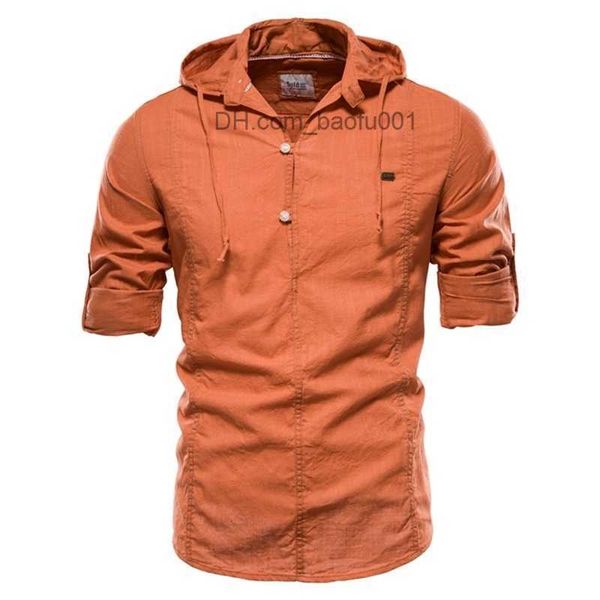 Chemises décontractées pour hommes Design Chemise à manches longues en lin à capuche pour hommes Couleur unie 100% coton Pull de qualité pour Streetwear s 230706