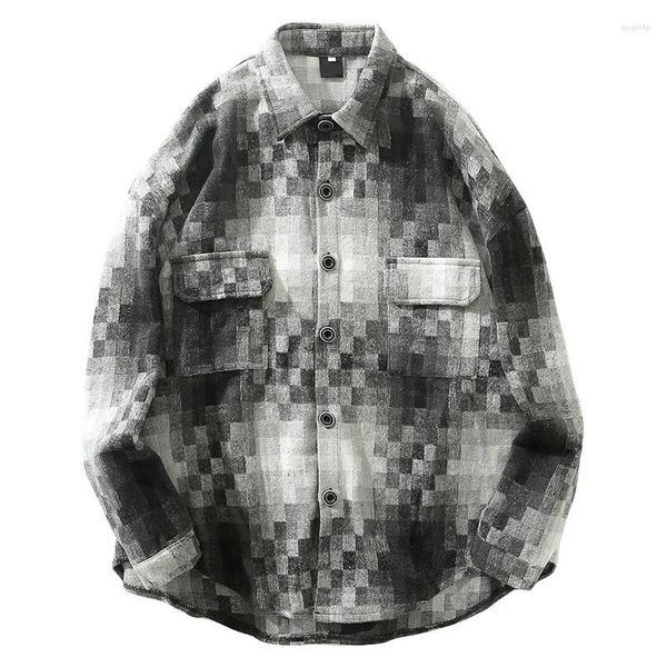 Chemises décontractées pour hommes Design mosaïque plaid en laine chemise couple en Chine-Chic American Street Hip Hop Top Loose Coat