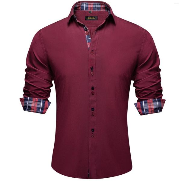 Chemises décontractées pour hommes Chemise de robe de créateur à manches longues Rouge Solide Boutonné Blouse Élégante Manchette et col contrastés Vêtements pour hommes