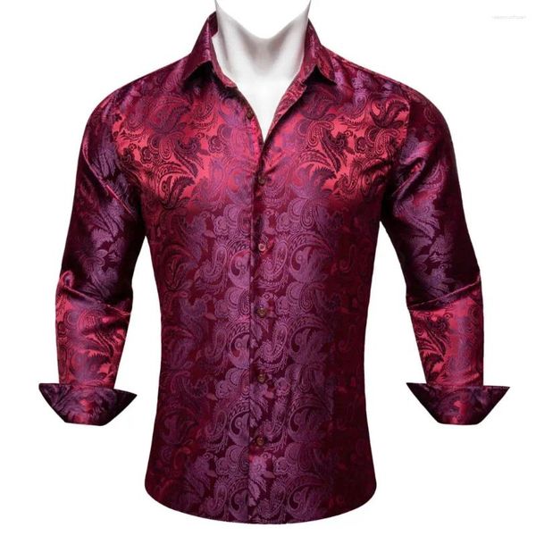 Chemises décontractées pour hommes Designer pour hommes Soie Paisley Rouge Bourgogne Manches longues Slim Fit Blouses masculines Turn Down Col Tops Respirant Barry