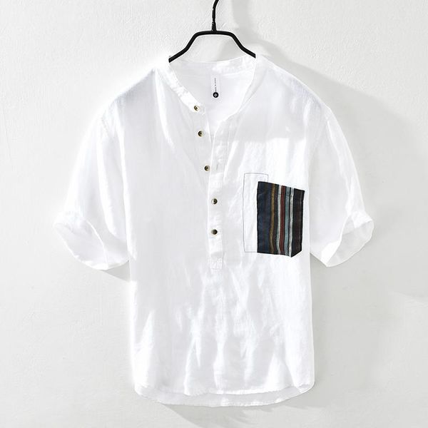 Camisas casuales para hombres Diseñador Half-Seeved Stand Collar Pure Lino Marca para hombres Moda Cómodo Tops Ropa Camisa MasculinaMen's