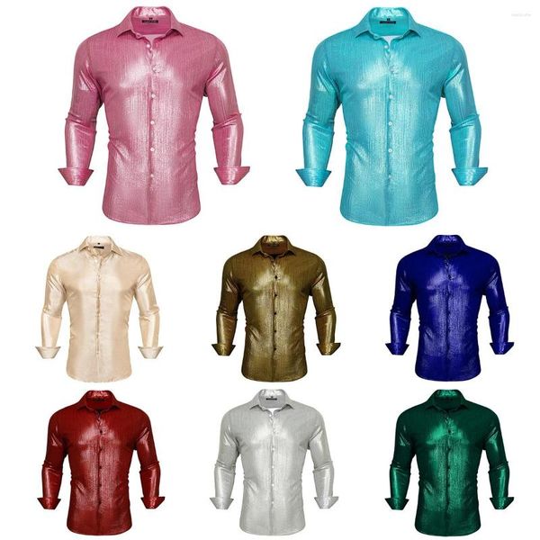 Camisas informales para hombre, diseñador de seda para hombre, rosa, azul, dorado, rojo, blanco, verde, sólido, primavera, otoño, manga larga, Tops para hombre, botones manchados