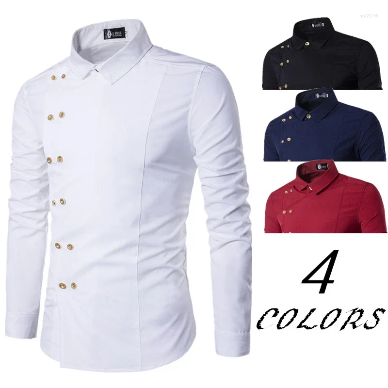 Men's Casual Shirts Diagonal Placket Double Breasted Slim Fitting Fashion Long Sleeved Shirt