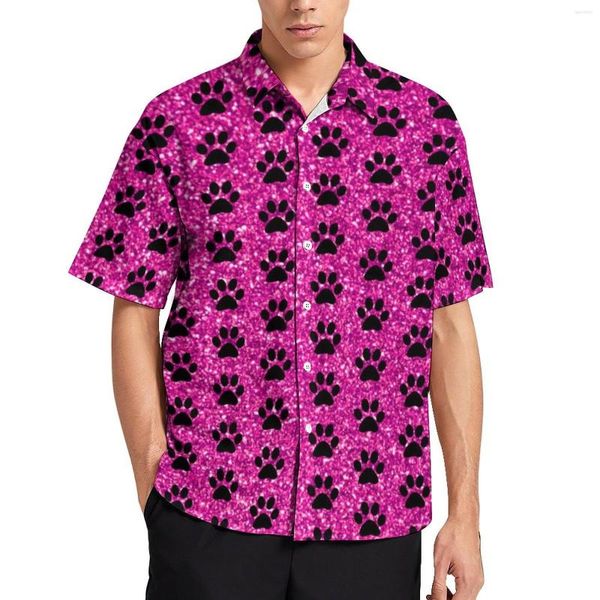 Camisas informales para hombre, blusas con patas de perro, estampado de purpurina púrpura para hombre, camiseta de playa de gran tamaño con gráfico hawaiano de manga corta, regalo