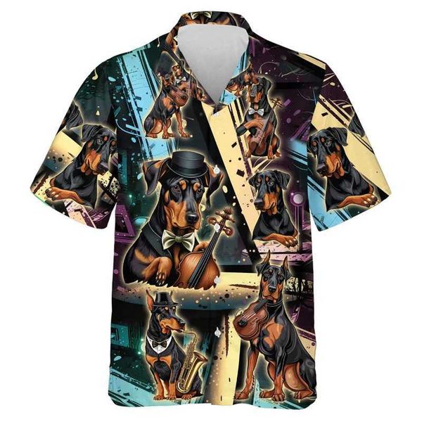 Chemises décontractées pour hommes Chiens de la musique 3d Imprimez les chemises de plage drôle pour animaux de compagnie Short Slve Hip Hop Rock chanteur Strtwear Blouse Blouse Y2K Button Tops Y240506