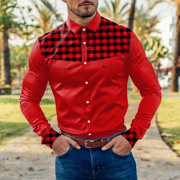 Camisas casuales para hombres Camiseta abajo Camiseta de baloncesto Estante de baloncesto Hombres a rayas verticales Moda para hombre Bloque de color a cuadros Empalme Manga de vino