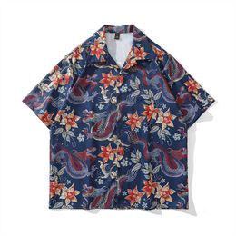 Casual shirts voor heren Dragon Floral dun materiaal herenoverhemden knoop naar beneden Vintage Street Fashion shirts Hawaiiaans shirt mannelijke top Z0224