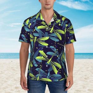 Chemises décontractées pour hommes Ligne de plage imprimé de libellule verte et bleu Hawaiian Blouses Vintage Blouses à manches courte