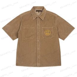 Casual shirts voor heren Drew Bieber's losse lachende gezicht geborduurde letters gewassen corduroy werkkleding korte mouwen voor mannen T230317