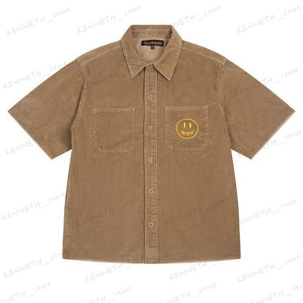 Camisas casuales para hombres Cara sonriente suelta de DREW Bieber letras bordadas ropa de trabajo de pana lavada de manga corta para hombres T230317