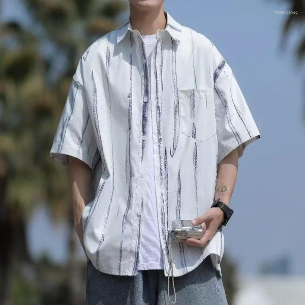Camisas casuales para hombres E-BAIHUI Tie-dye para hombres Primavera y verano Estilo japonés Camisa hawaiana de manga corta Cuello vuelto Ropa blanca